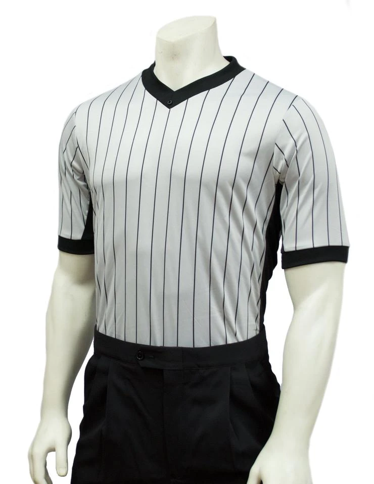 Smitty Grey Elite Performance Interlock V-Neck Shirt W/Black Pinstripe And Side Panel 1 Smitty Grey Elite Performance Interlock V-Neck Shirt W/Black Pinstripe And Side Panel